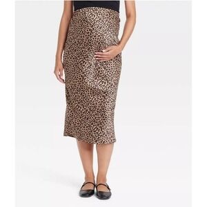 Ingrid & Isabel Leopard Animal Print Maternity Satin Midi Skirt XS Party Fun NEW